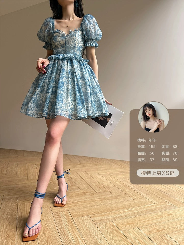 Aconiconi|Blue Sea Rumbling French Printed Dress Little Man Waist Tea Break Fairy Princess Short Skirt