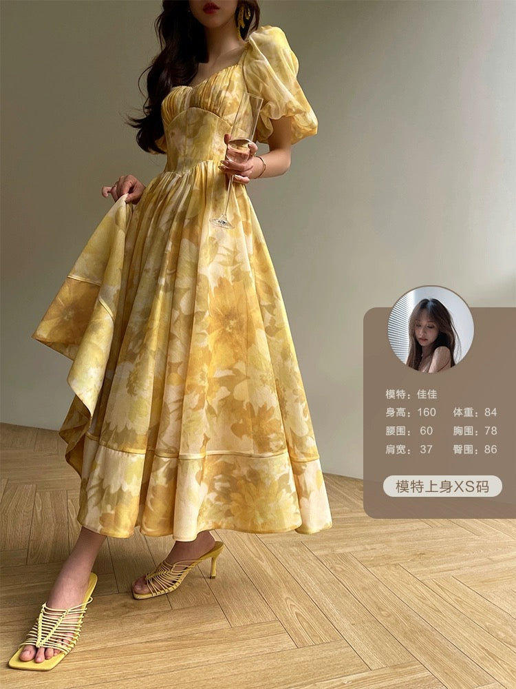 Aconiconi|Midsummer Citron French Printed Coffee Break Skirt with Waist and Elegant Puff Sleeve Princess Style Dress