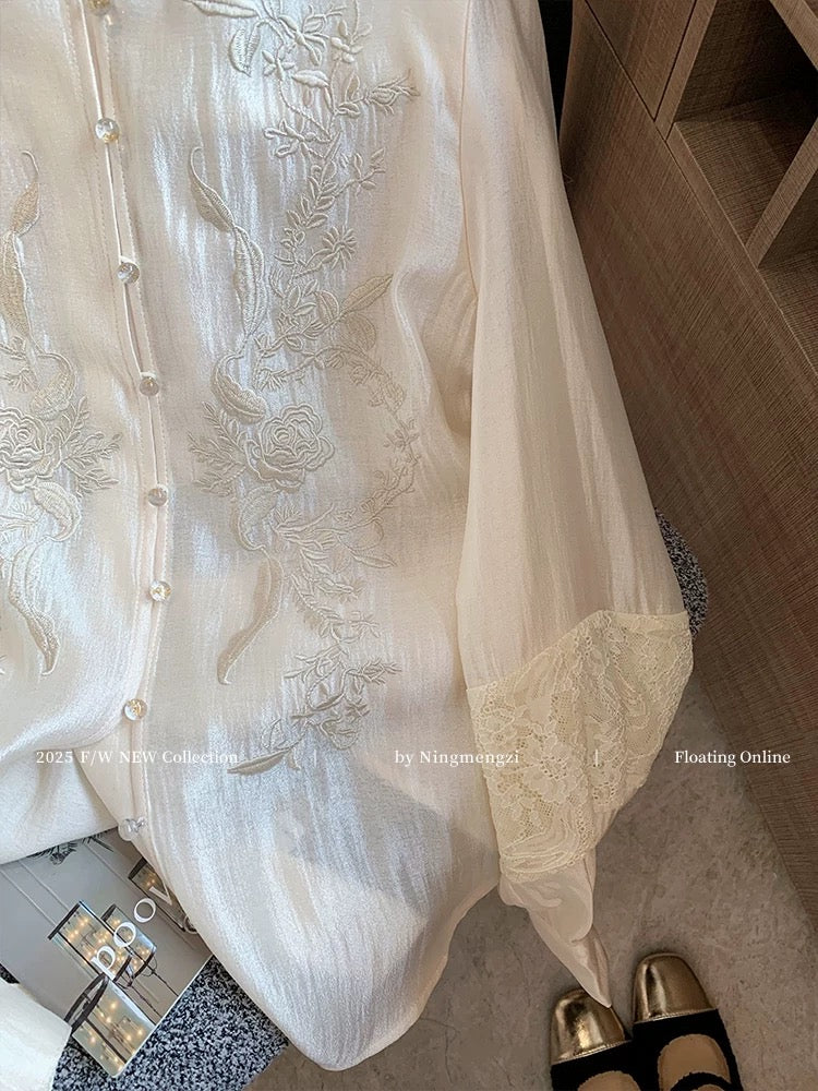 French-style apricot heavy embroidered satin shirt for women, 2025 early spring new style, gentle temperament, versatile long-sleeved shirt