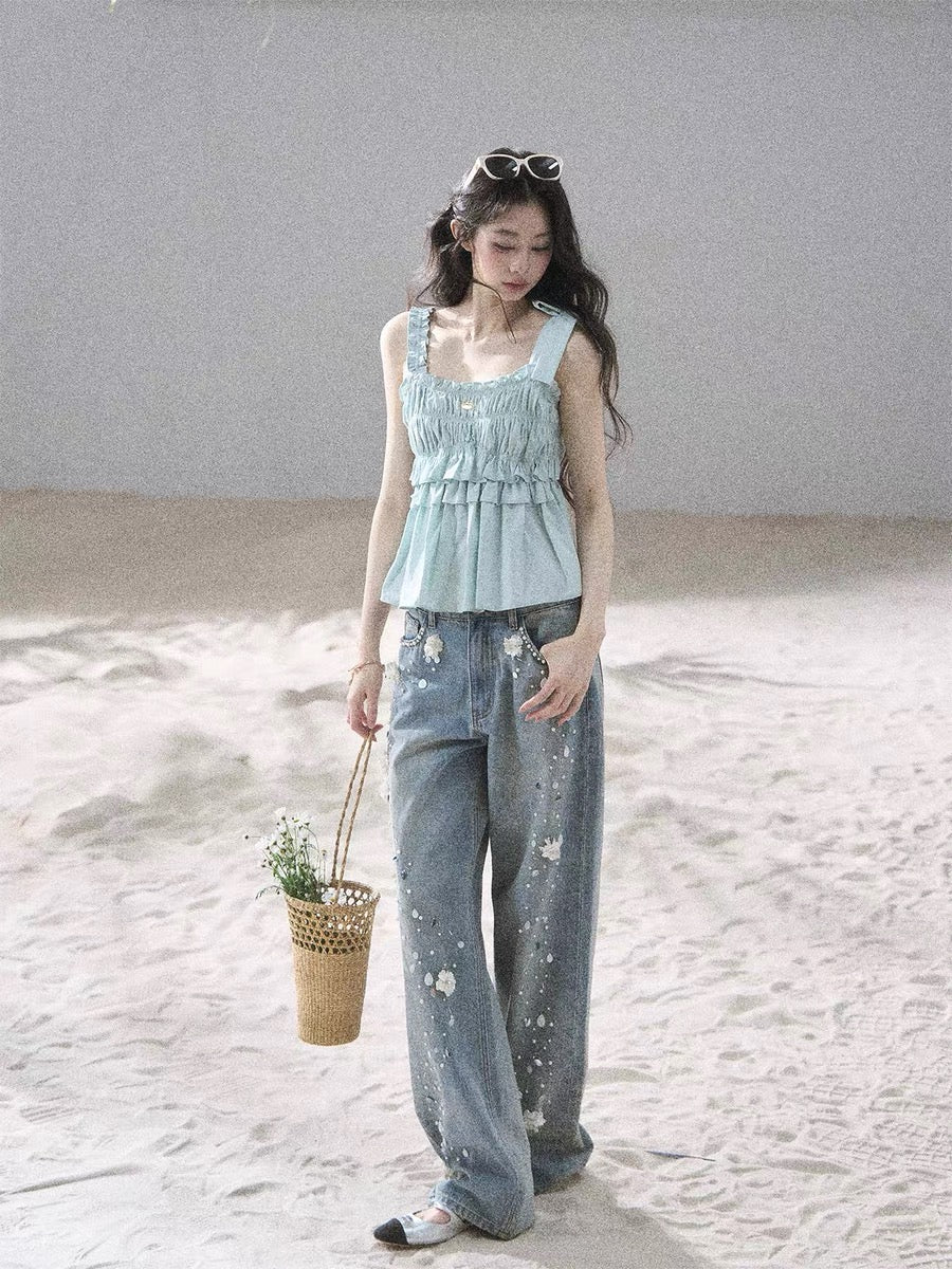 AOMALM's "Unique Gentleness" French Sweet Pleated T-Shirt for Women, Summer Short Top with Ruffled Edges