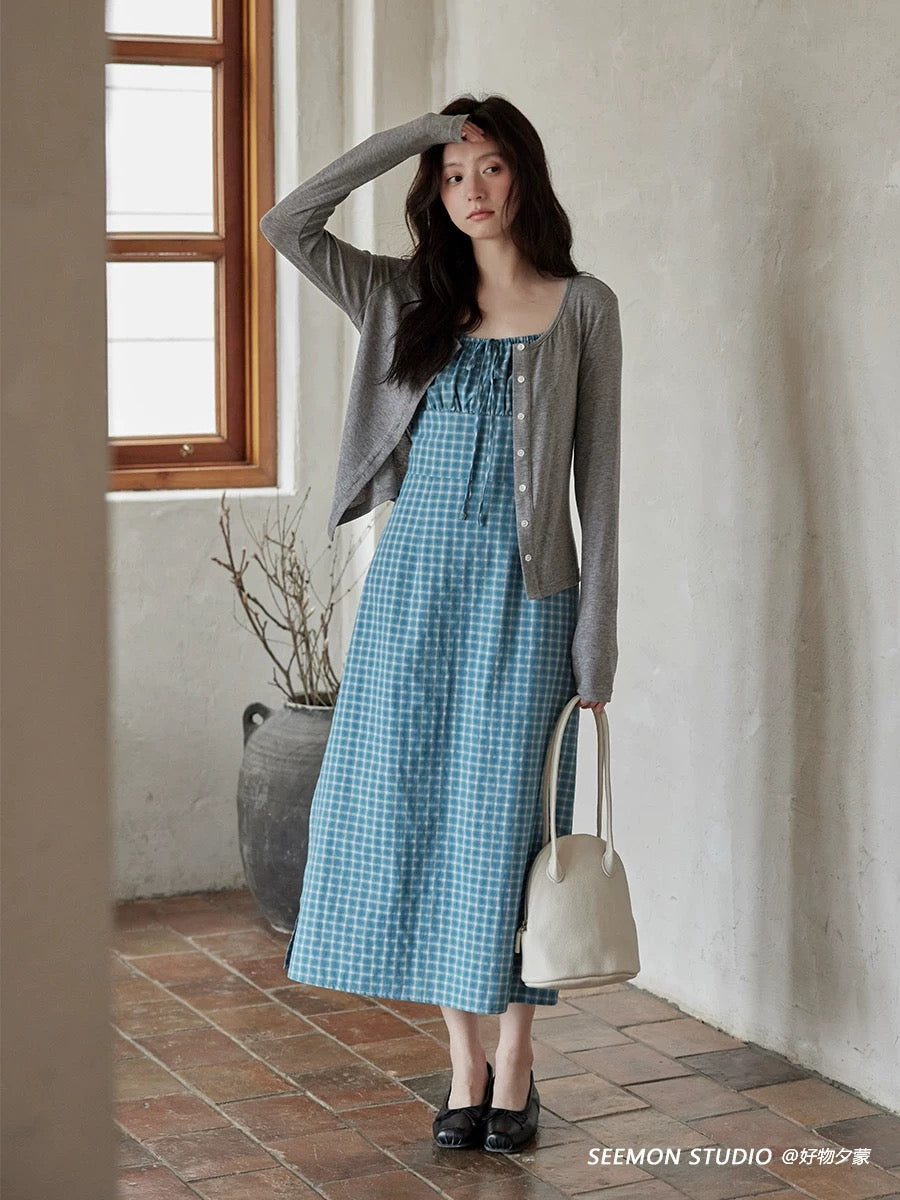 Ximeng 2025 new summer Korean sleeveless temperament skirt high-end small blue plaid suspender dress female