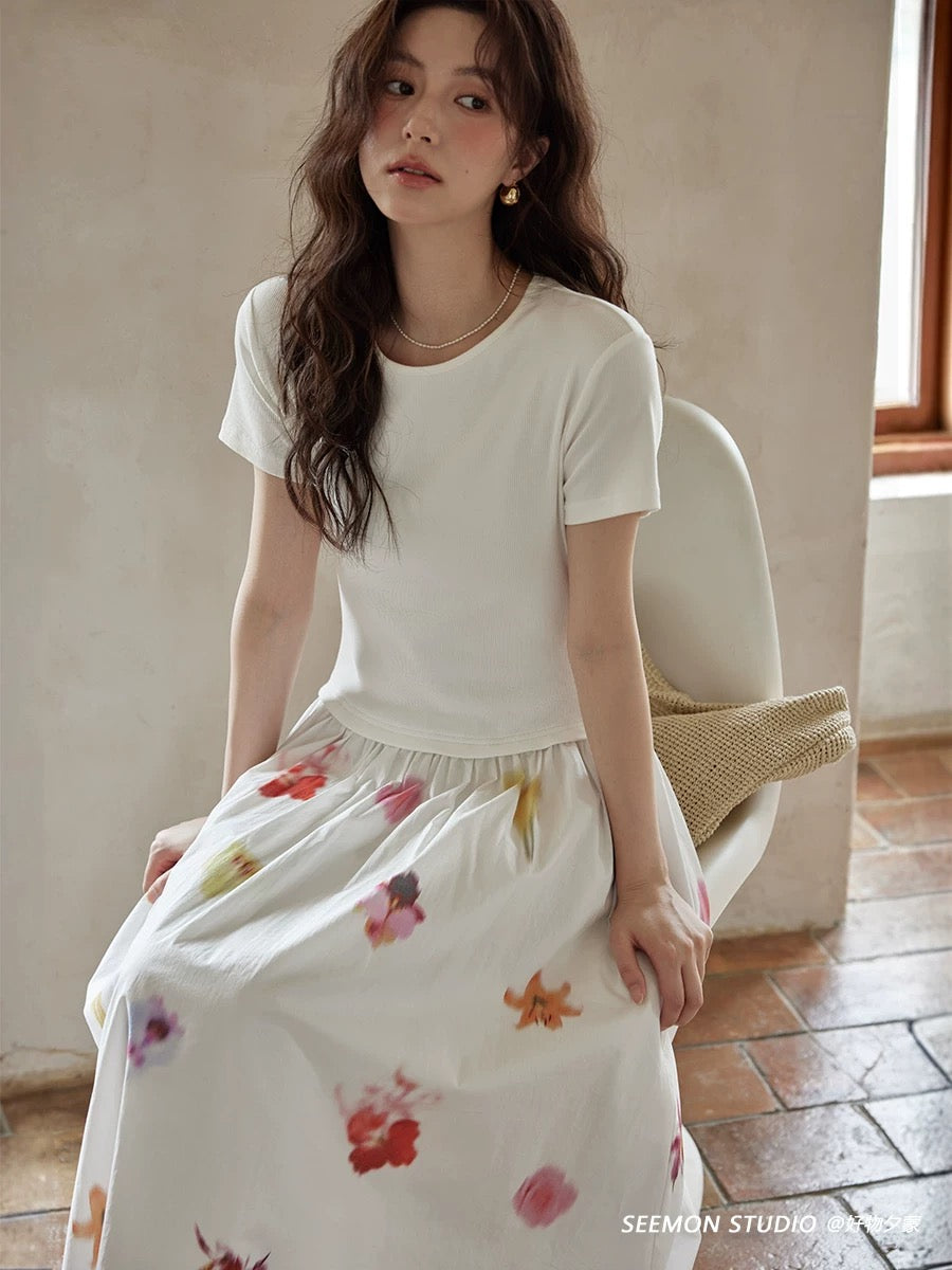 Ximeng 2025 new summer Korean style slim skirt high-end age-reducing niche white printed short-sleeved dress