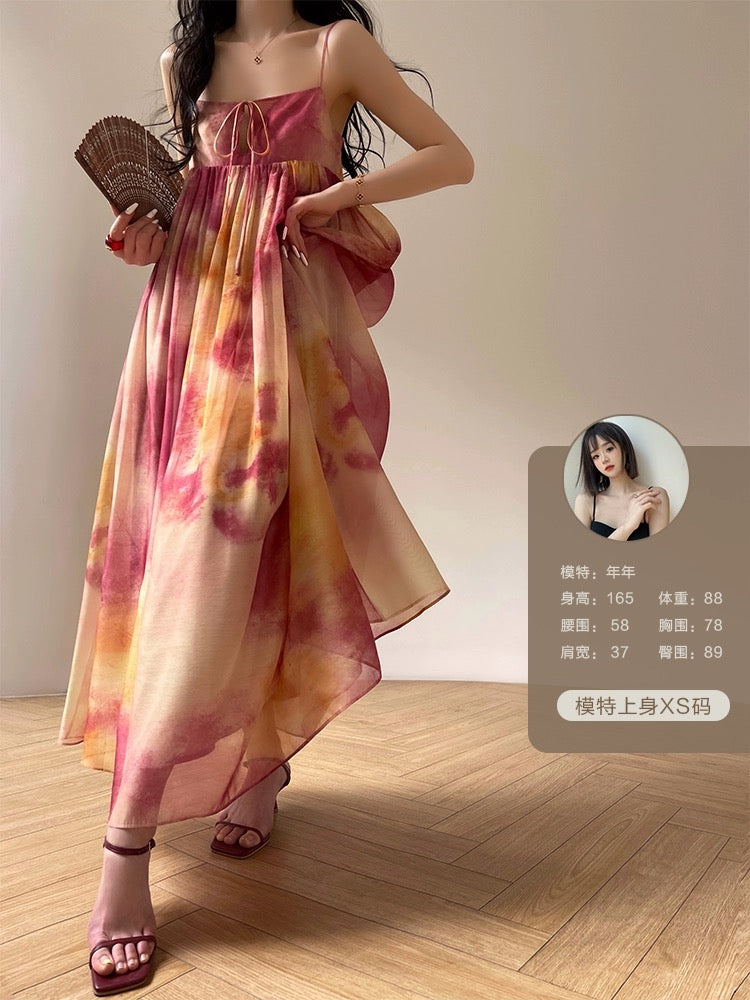 Aconiconi|Chi Guangxiaying New Chinese style Chinese style smudged seaside vacation suspender loose slimming dress