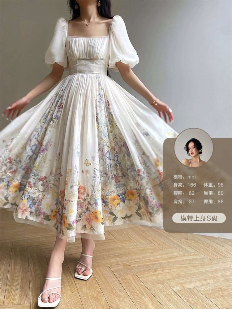 Aconiconi|Midie Chunchen French printed holiday long dress with slim waist and large hem princess dress
