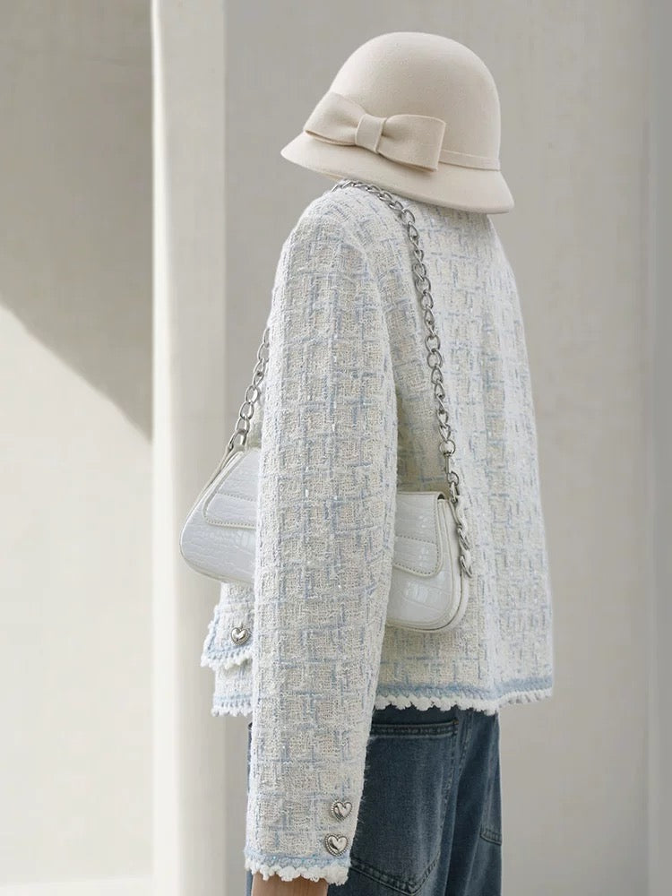 4U4U 2024 early spring new blue and white tweed short coat for women gentle and sweet temperament love button top