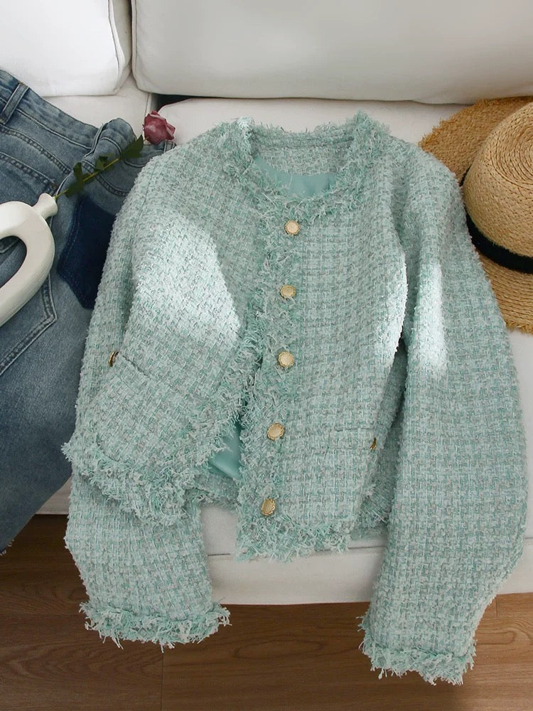 4U4U 2024 early spring new mint green tweed short coat women's raw edge high-end single-breasted top