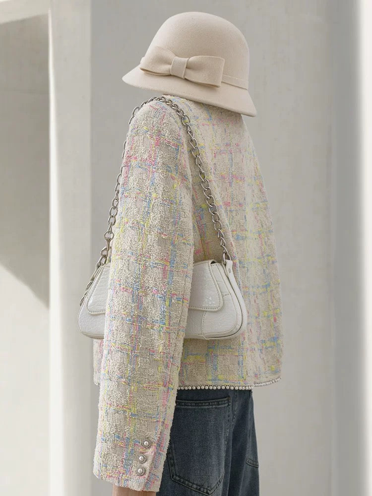 4U4U 2024 Spring Pearl Trimmed Tweed Short Jacket Women European Station Socialite Temperament Small Fragrant Style Top