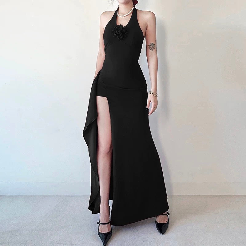 French high-end temperament halterneck dress for women autumn new sexy slit high waist slim hip-covering long skirt