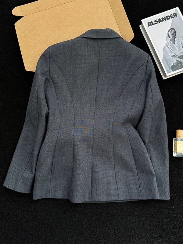 2025 Autumn New Style Women's Suit Jacket with Unique Design, Double-Breasted Embroidered Lapel, Gray Top