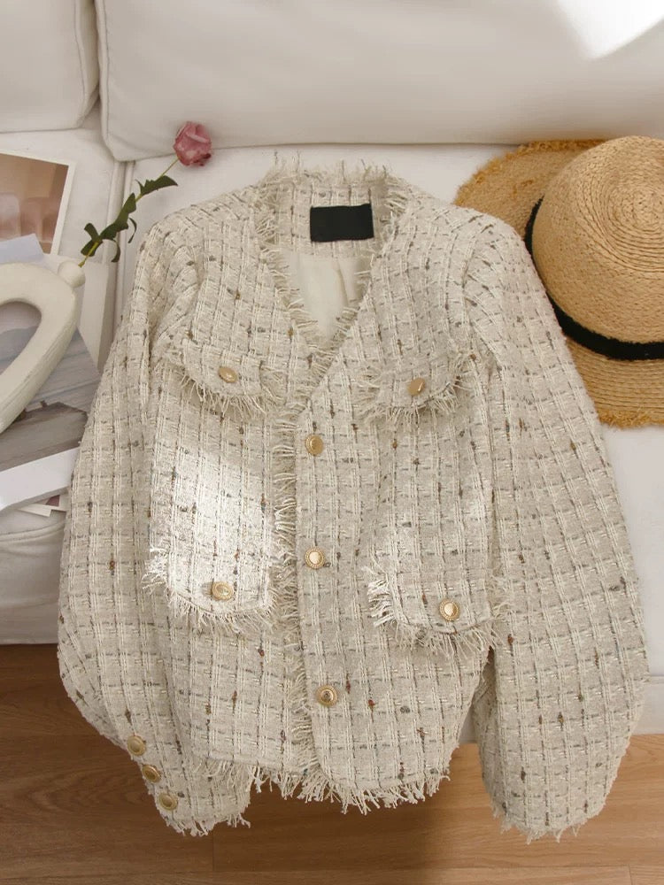 4U4U 2024 Spring New Off-White Checkered Small Fragrance Jacket Women's French Style Tweed Top
