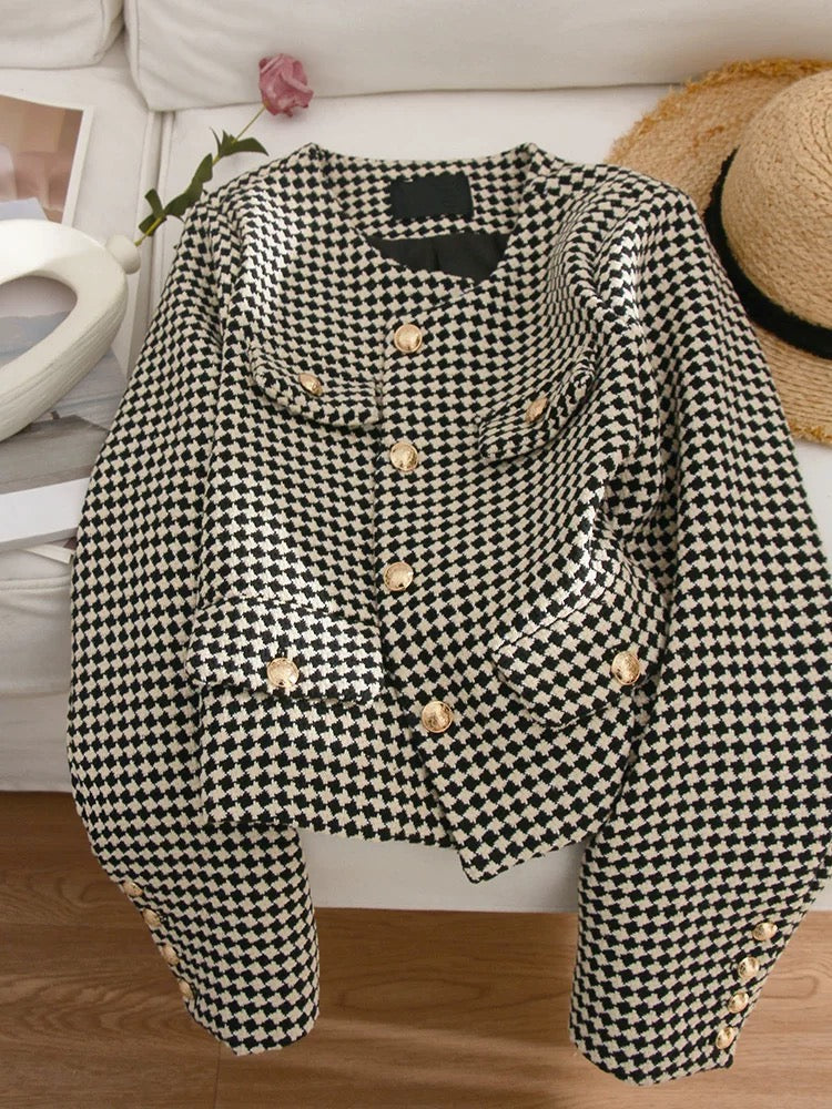4U4U 2024 Spring New Black and White Houndstooth Tweed Short Jacket Women's Fashion French Style Single-breasted Top