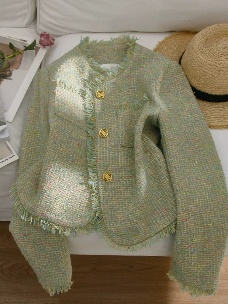 4U4U 2024 spring new color green tweed short coat for women, super nice tassel edge small fragrant top