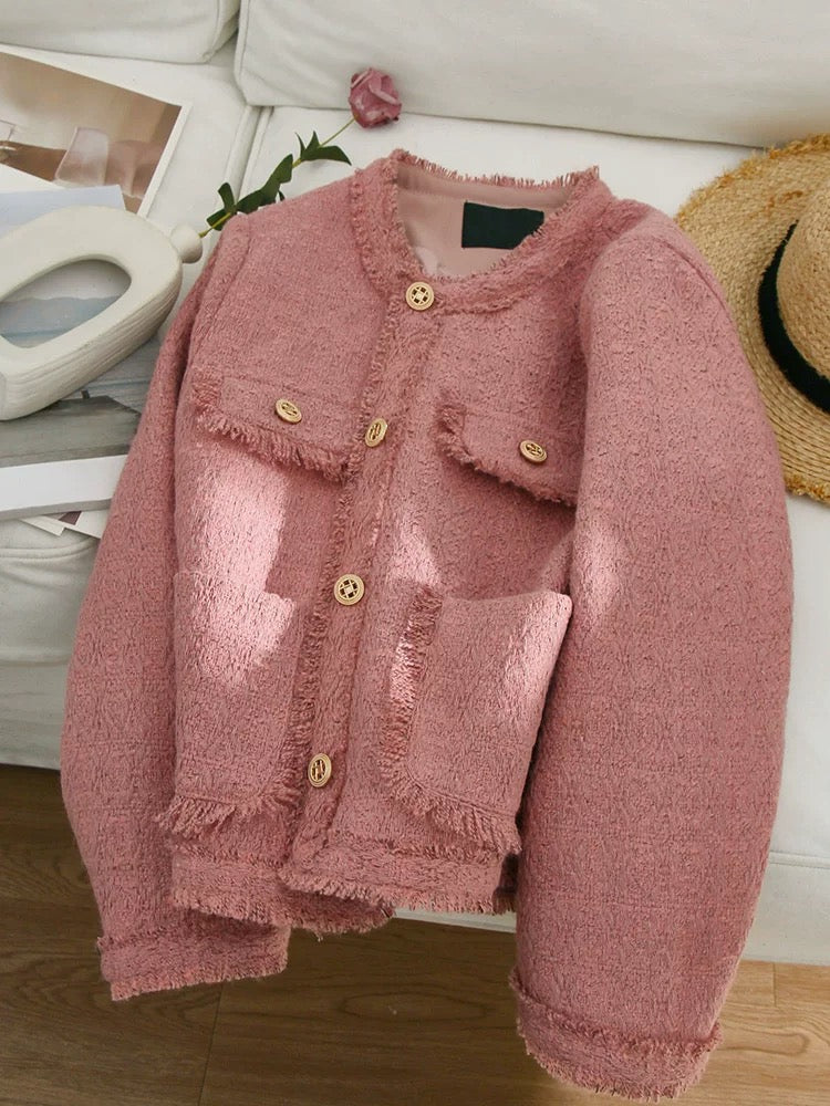 4U4U 2024 spring new pink tassel edge small fragrance jacket goddess temperament tweed top jacket