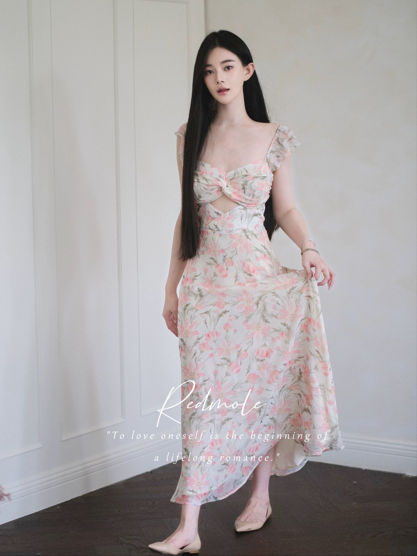 Redmole 【Pink Glow】Georgette Chiffon | Original Dahlia Print Mini Sleeve Maxi Dress