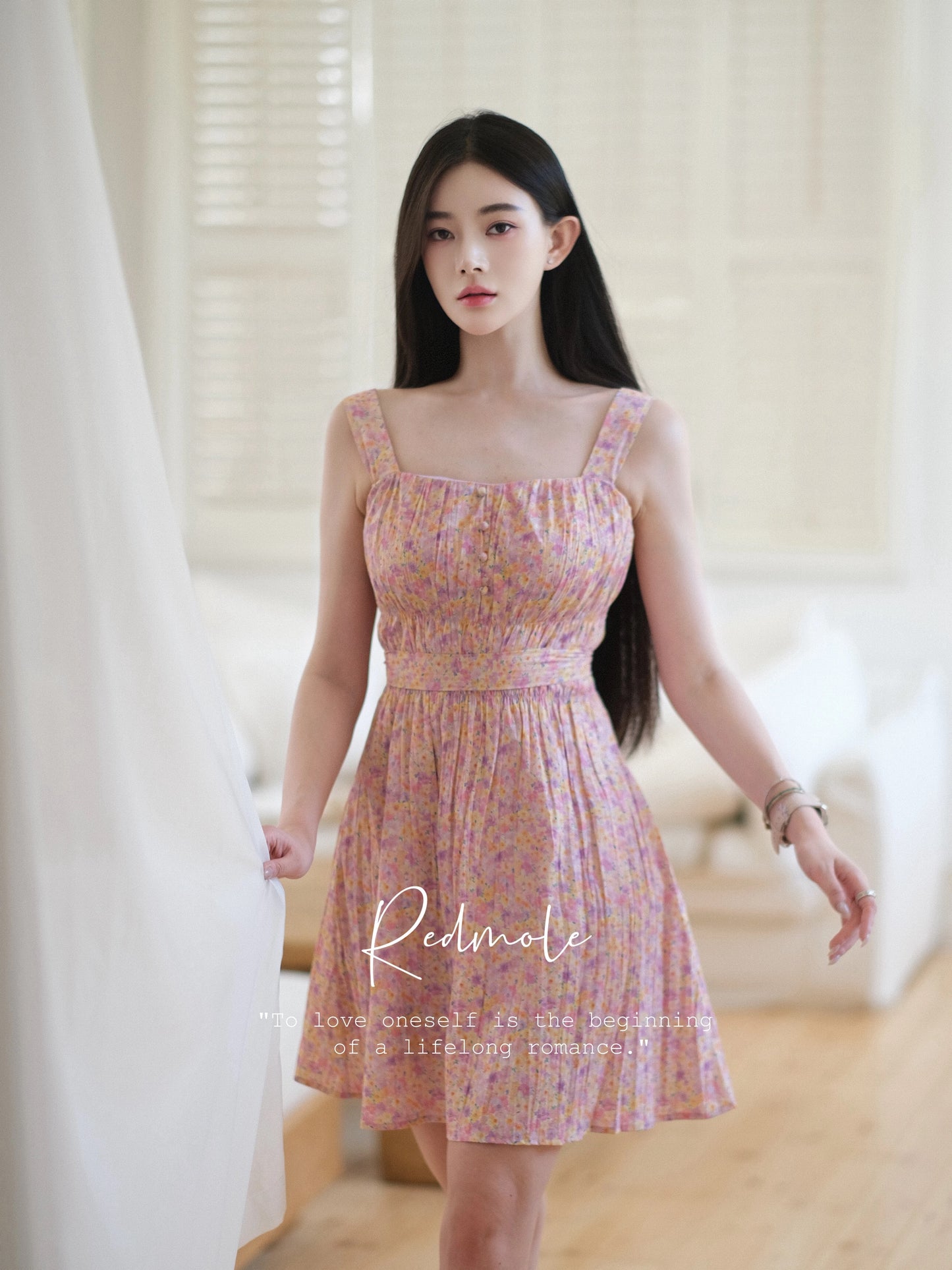 Redmole 【Pink Cotton】100% Combed Cotton Hand-Painted Watercolor Floral Pattern|Girlish Sundress