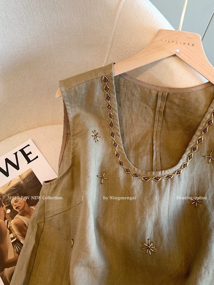 Old Money Style Beaded U-Neck Linen Sleeveless Top for Women, 2025 Summer New Arrival, Versatile and Youthful Vest