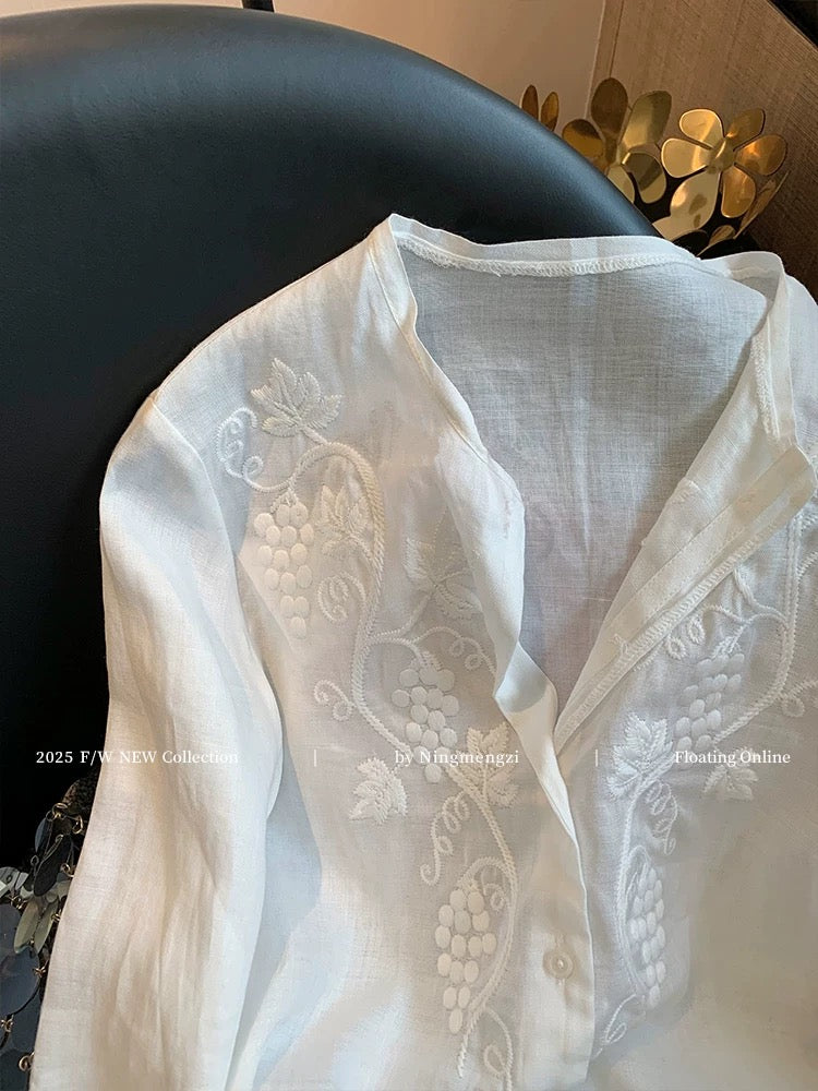 White heavy-duty embroidered linen shirt for women, new spring 2025 design, casual and elegant, simple shirt.