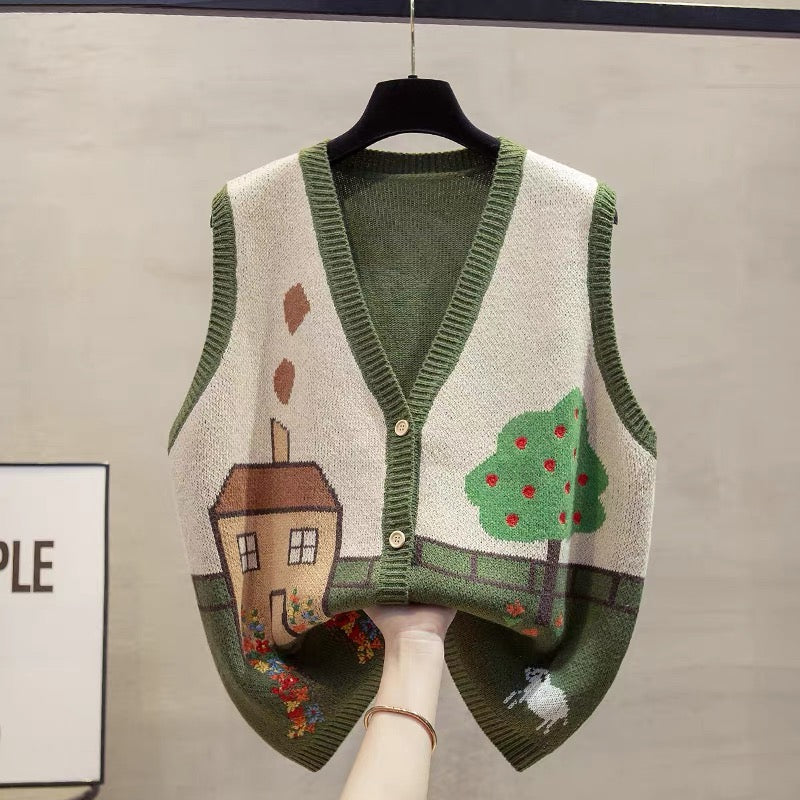 Women's V-neck cardigan knit vest, 2025 autumn/winter new style, loose fit, suitable for layering over sweaters, trendy.