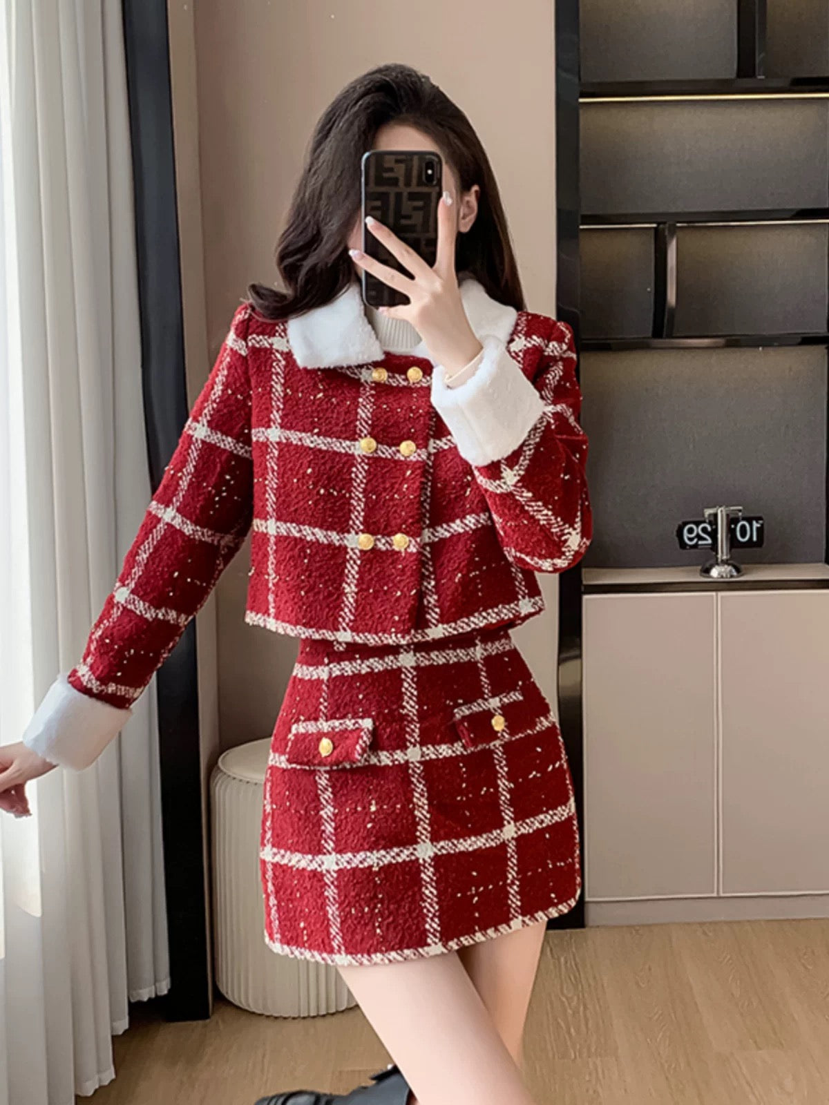 Christmas red small fragrant style suit skirt for women in autumn and winter 2024 new hot style high-end socialite New Year's two-piece set