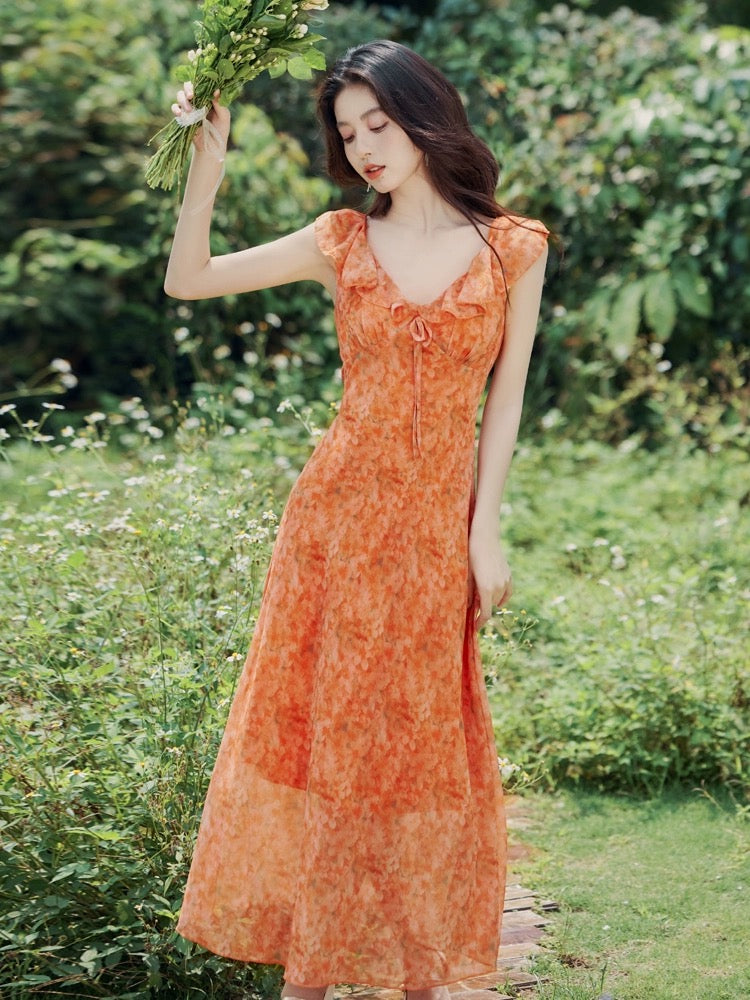 2024 tea break French chiffon floral suspender dress seaside vacation beach long skirt slimming temperament fairy