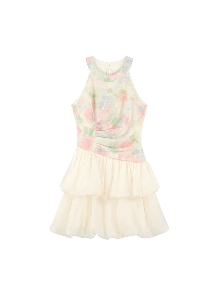 Design niche halterneck dress for women summer French tea break cake bud skirt waist A-line short skirt