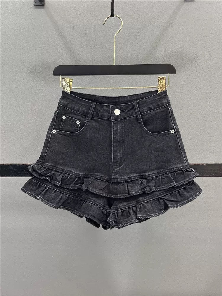 Design sweet wood ear lace denim shorts women 2025 summer high waist slim hot girl A-line wide leg hot pants