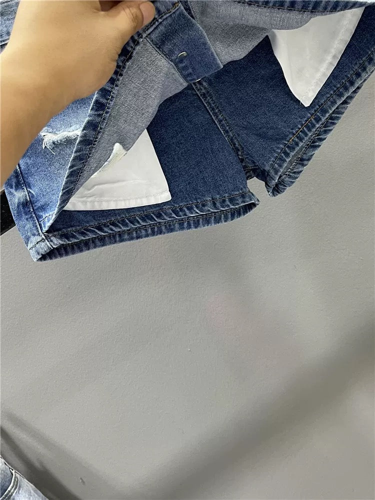 Fake two-piece ripped denim short skirt pants women 2025 summer new single-breasted high waist slim A-line wide-leg pants skirt