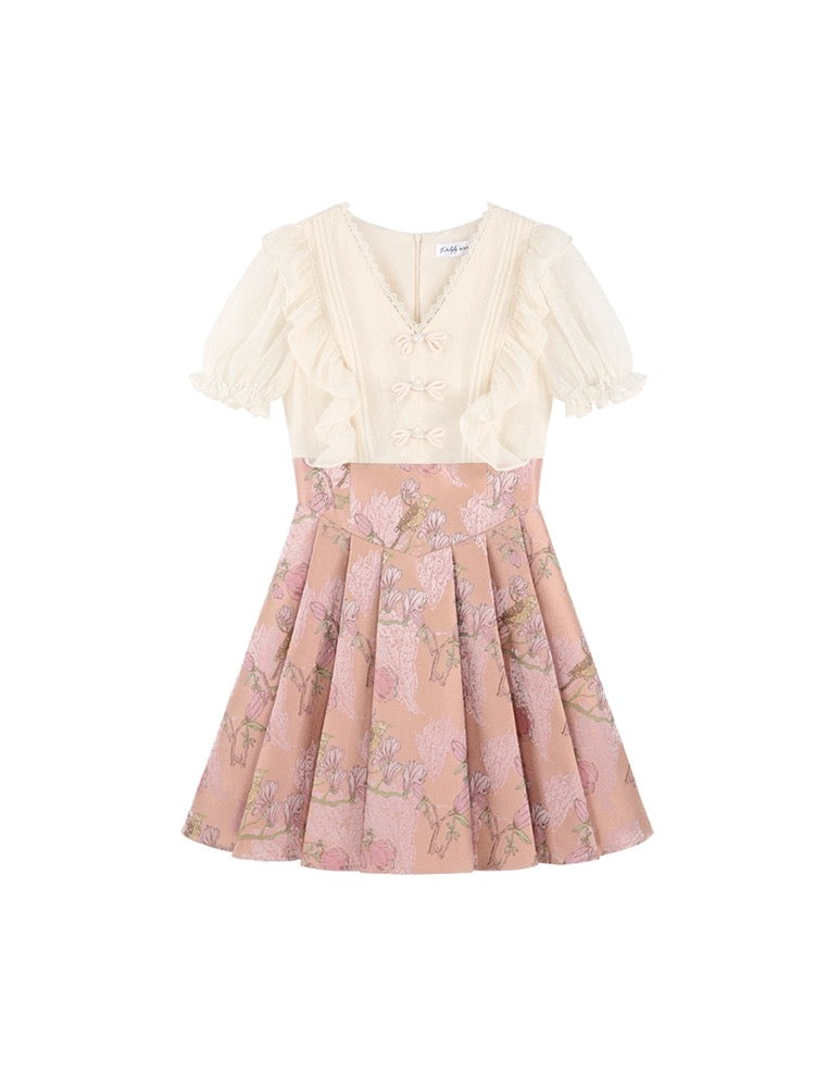 Temperament French v-neck fake two-piece dress for women summer 2024 new style small fragrant button short-sleeved a-line skirt