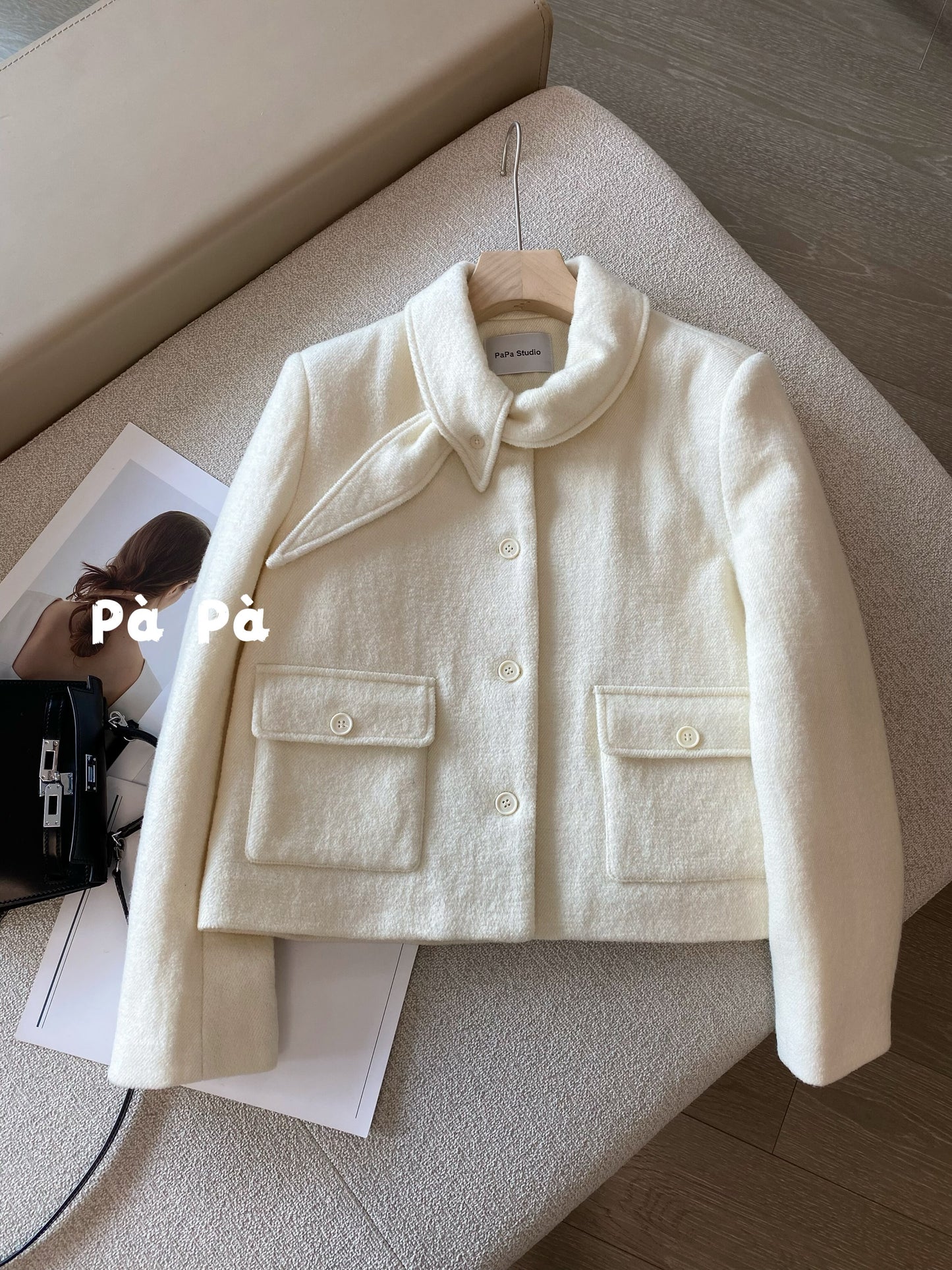 65% wool knit Korean style Chanel-inspired down jacket for women, winter coat with 90% white duck down and a tie-up scarf collar.