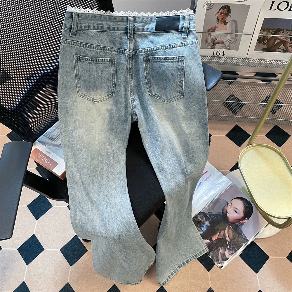Design lace edge ripped flared jeans for women this summer popular style slim narrow straight trousers