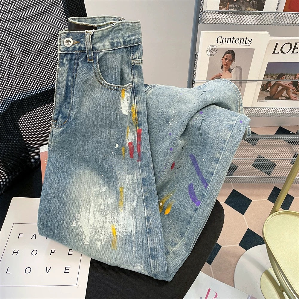 American high street hiphop graffiti denim trousers for women summer unique design niche retro high waist wide leg trousers