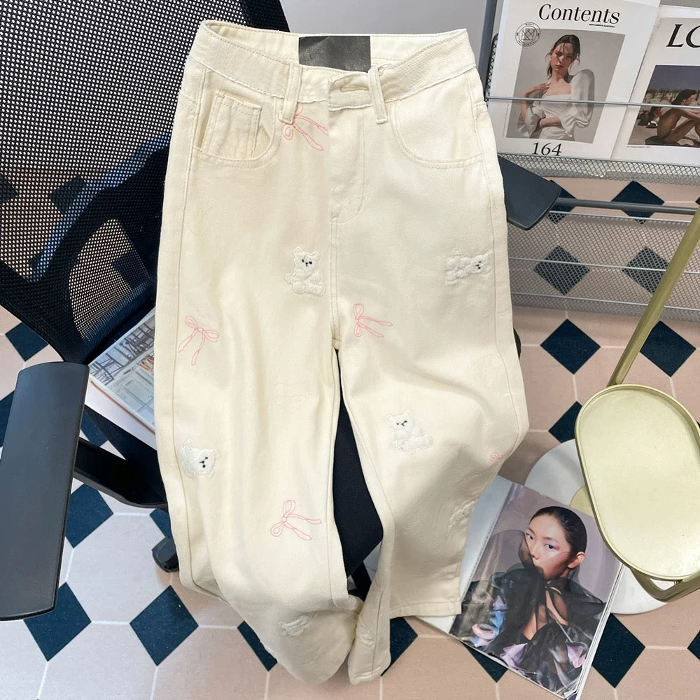 Cream apricot cute bear embroidered denim wide-leg pants for women summer loose high waist straight slim drape long pants