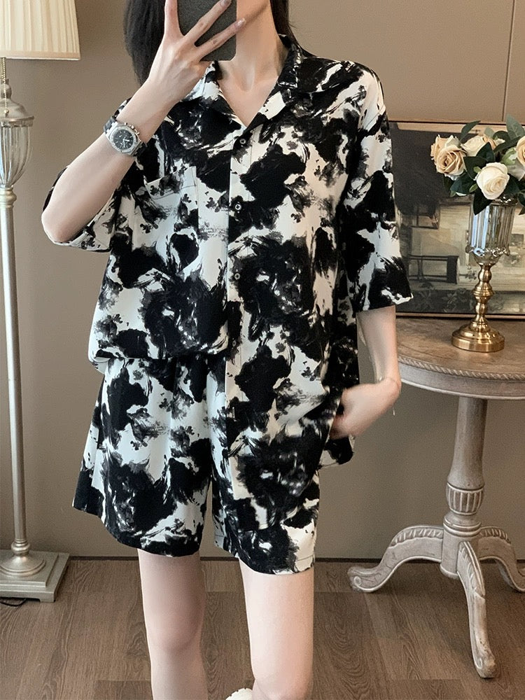 La Chapelle casual sports suit women's summer 2024 new ink painting fashion short-sleeved T-shirt shirt shorts
