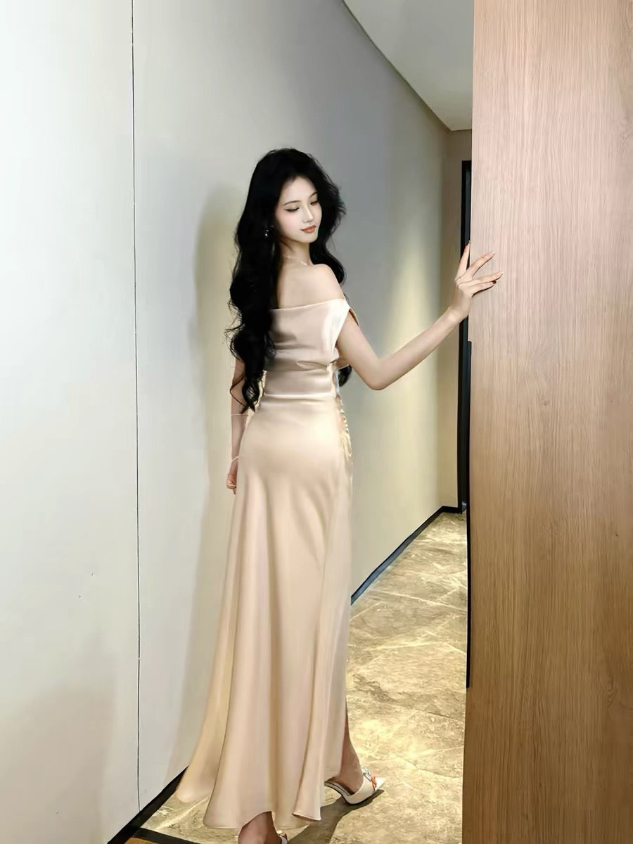 Good Job: 【Graceful Charm】French Satin Pink Dress with Elegant Swing Neck, One-Shoulder, Fishtail Style