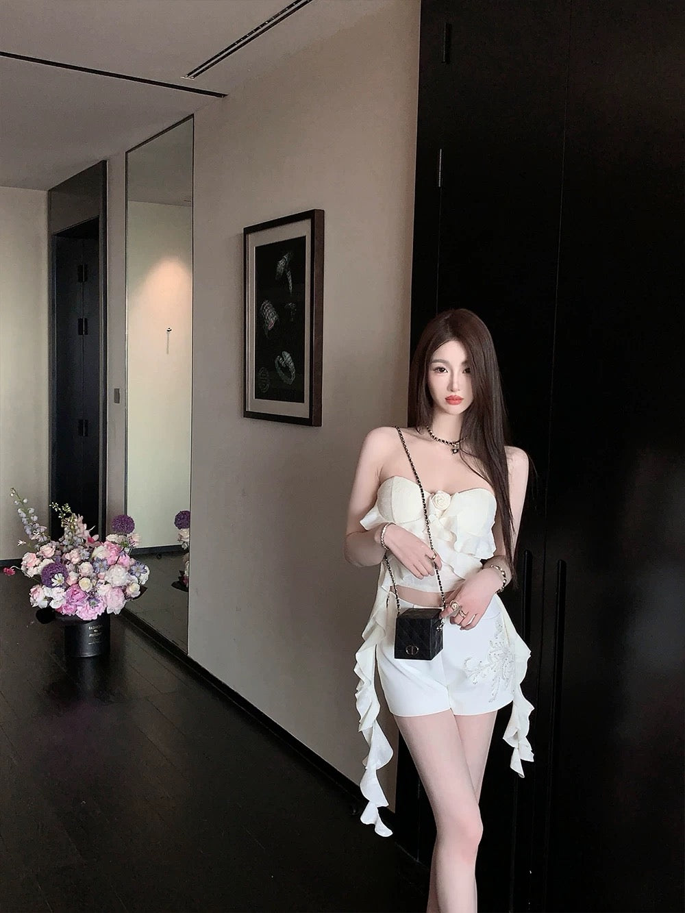 FairyJiang 2024 New Outerwear White Sleeveless Tube Top Women's Short Ruffled Hot Girl Top