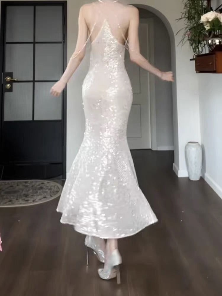 Good Job - Radiant Silver Evening Gown, Luxurious Sequined Fishtail Dress, Long Fit, Birthday Party Gown