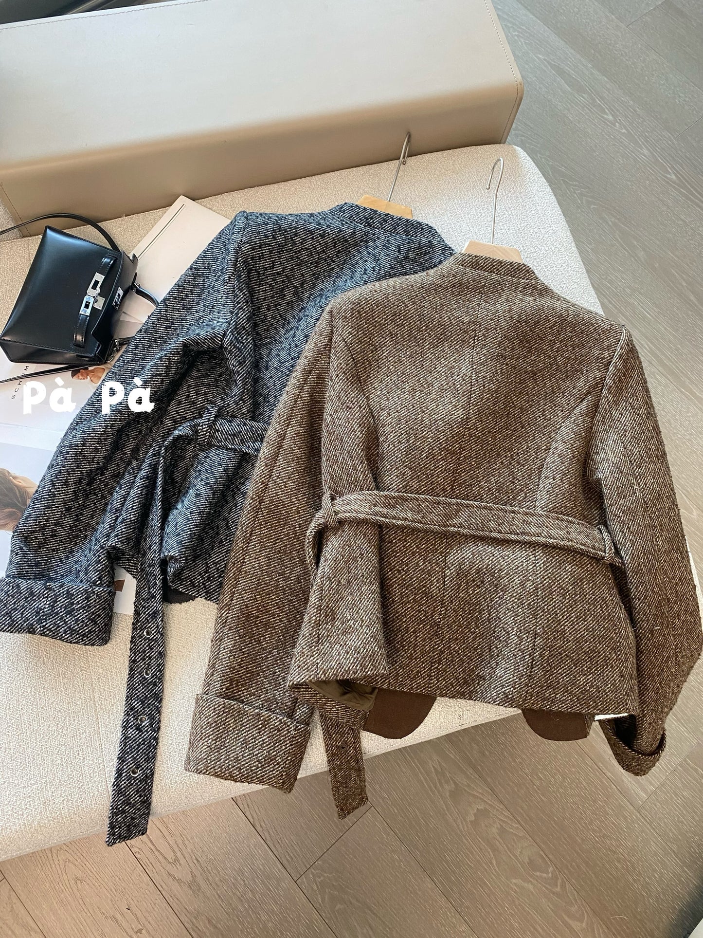 Korean style chic, fitted waist, stand-up collar, twill short jacket, versatile wool coat for commuting, with structured shoulders.