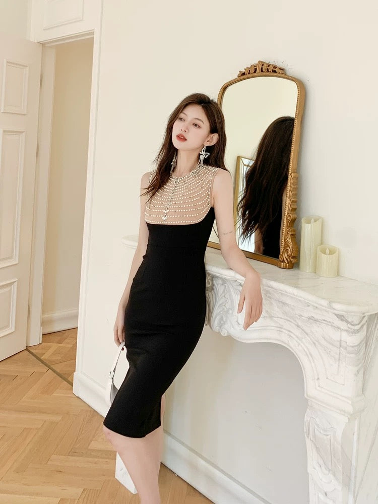 dollytang French temperament pearl royal sister light mature hip-hugging dress design heavy beading dress