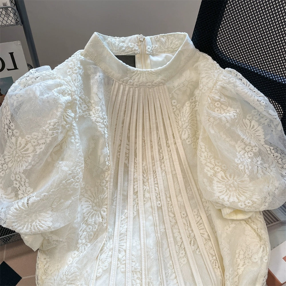 French style age-reducing, western-style lace puff-sleeve shirts for men and women, niche, unique and beautiful stand-up collar tops
