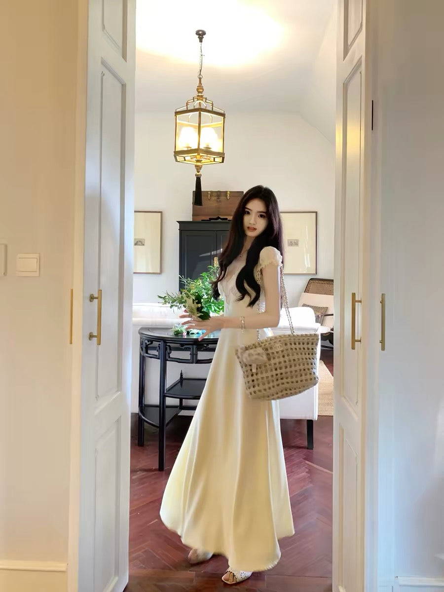 famouswang Spring New Arrival French Romantic Chic Waist-Slimming Heavy Lace Satin Dress