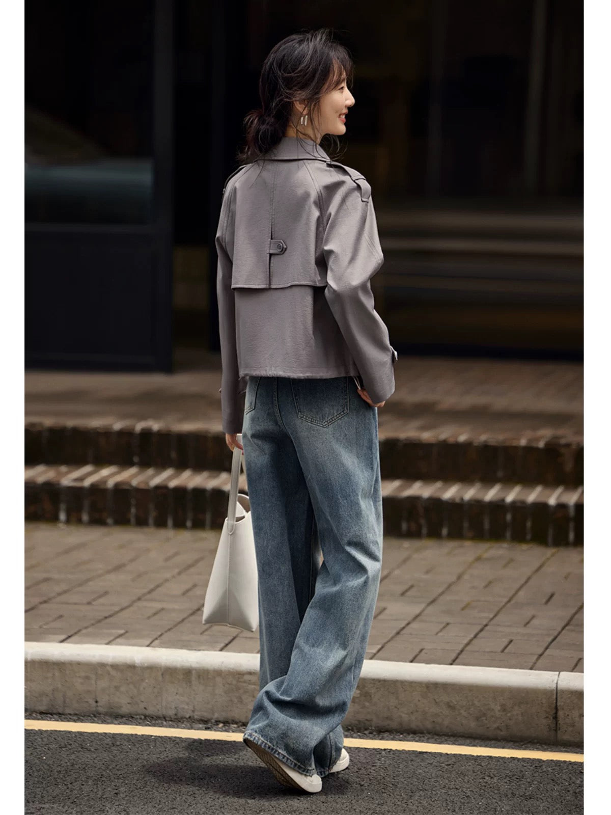 XWI Xinwei short double-breasted windbreaker jacket for women 2024 autumn new simple gray top