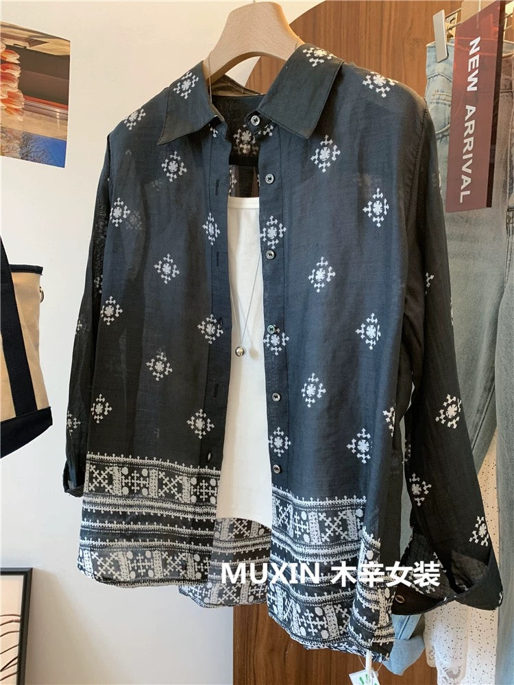 Retro ethnic style printed loose casual thin summer sun protection long-sleeved shirt women's shirt top versatile