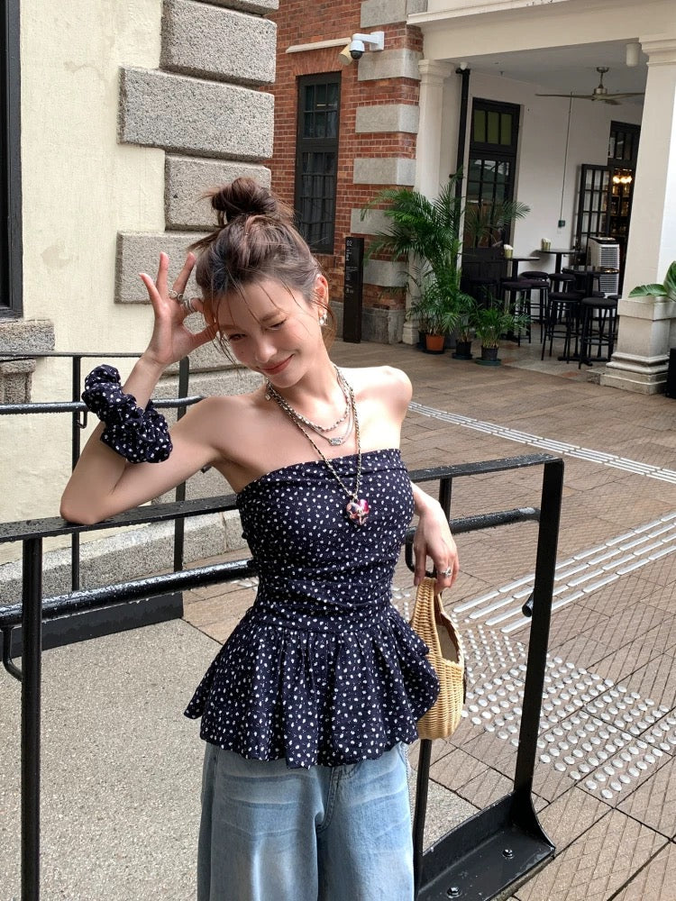 DULA Black Girl/Navy Blue Hot Girl Floral Tube Top Female Summer Waist Hem Ruffled Top