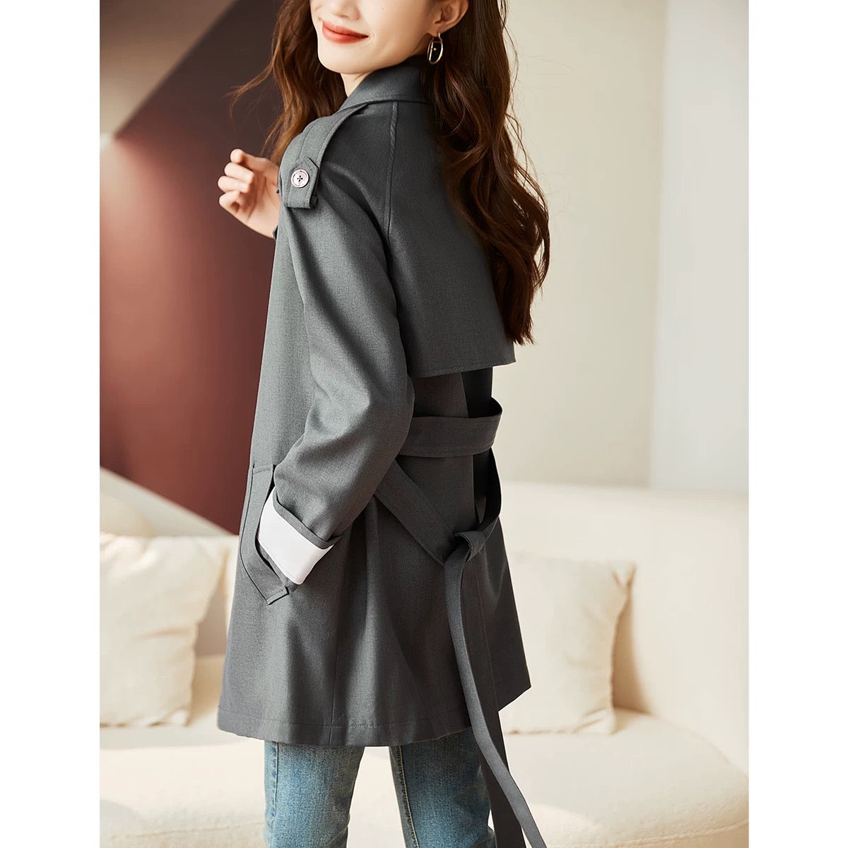 XWI/Xinwei slim lace-up mid-length windbreaker for women 2024 autumn and winter new style simple and high-end coat