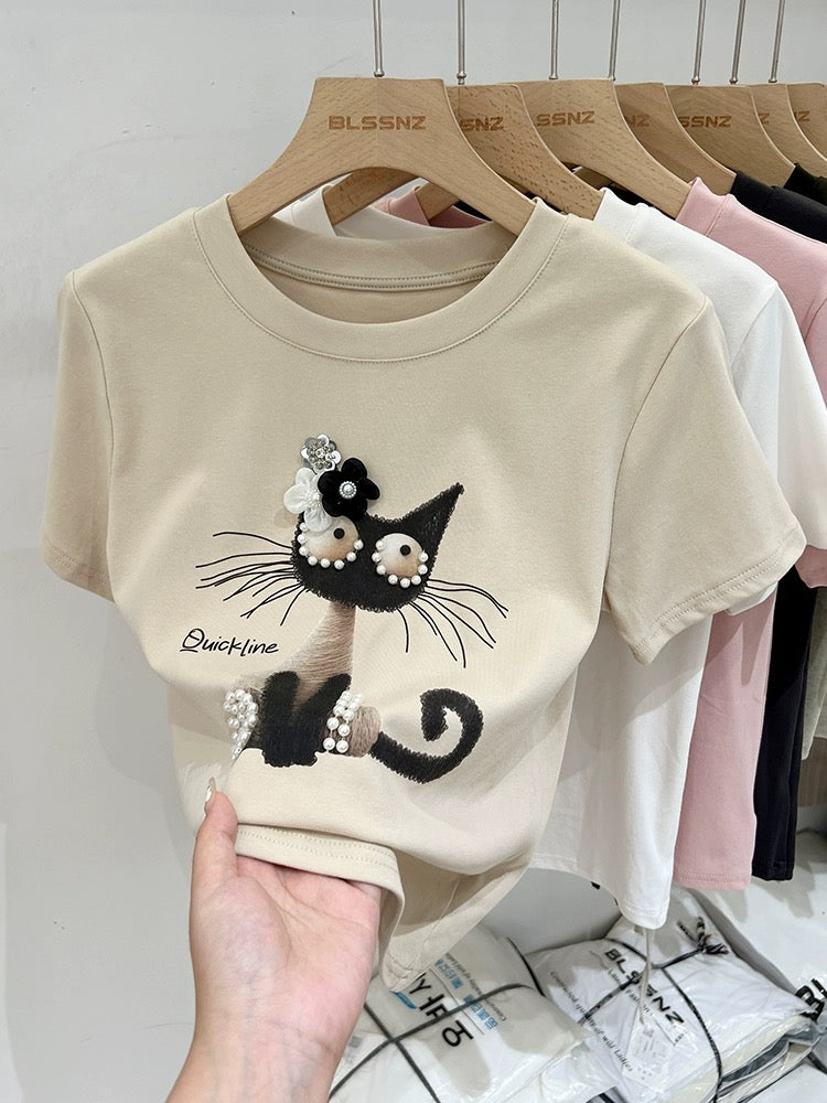 Design-sense printed gray right shoulder short-sleeved T-shirt for women 2024 new summer pure cotton round neck half-sleeved T-shirt top