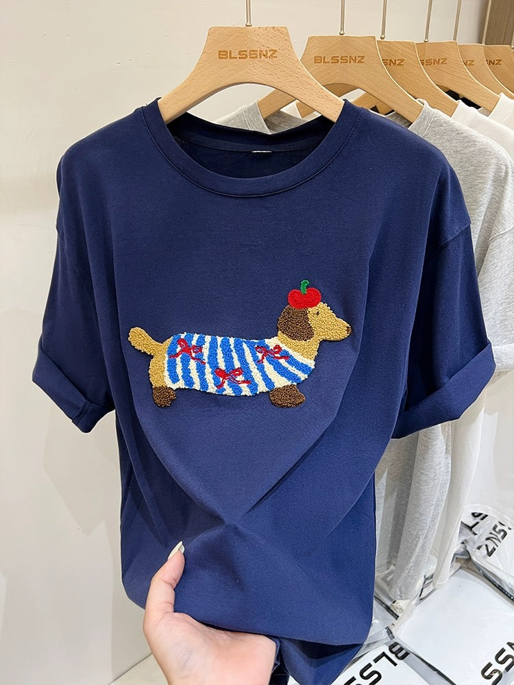 Gray cotton right shoulder short-sleeved t-shirt for women summer 2024 new puppy three-dimensional embroidered t-shirt loose top trendy