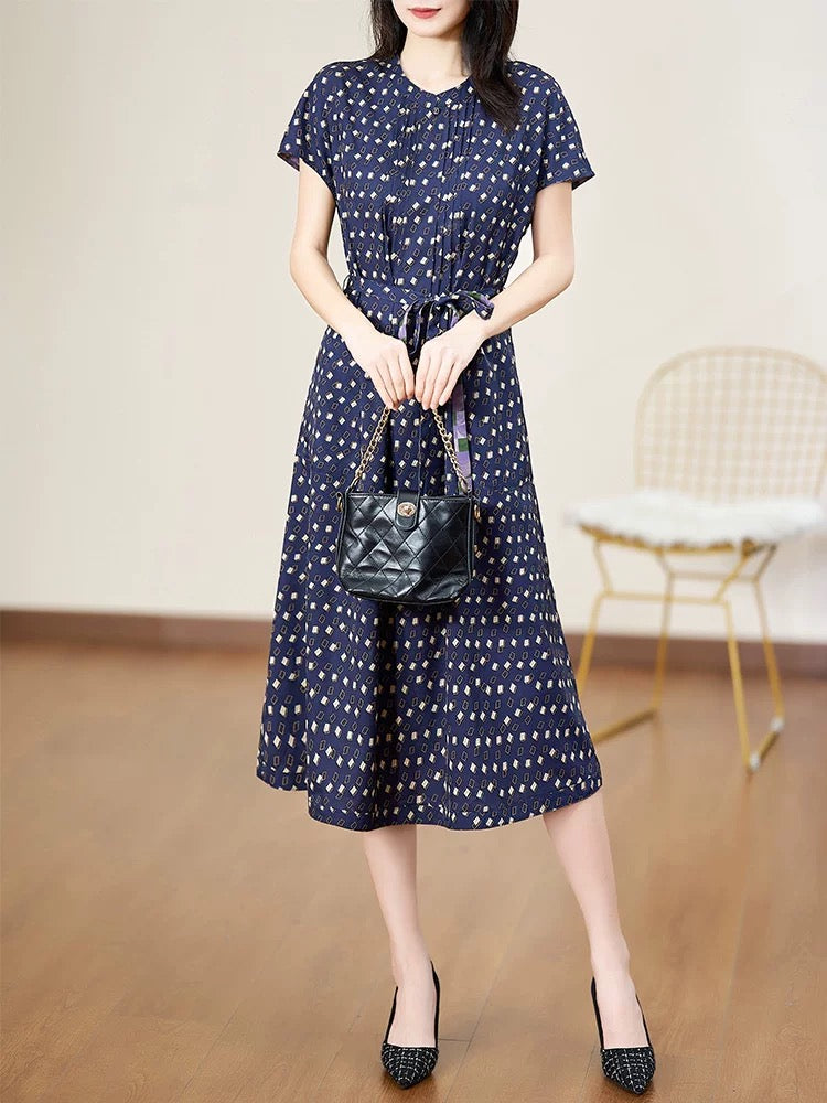 Diofu Mom Summer Dress 2024 New Style Versatile Slim Reversible Mid-Length Summer Short-Sleeved Dress