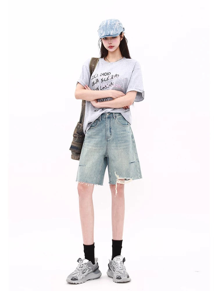 MZVZ American retro light blue five-point denim shorts women's summer high waist straight ripped wide-leg pants mid-length pants