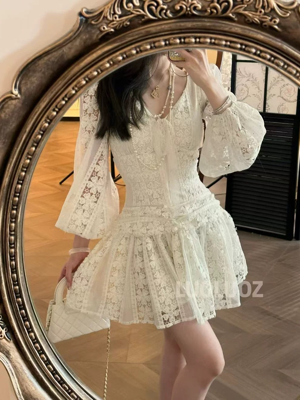LUOLUOZ Fragrance Brie Cotton Elegant Hollow-Out Heavy-Duty Luxury Goddess Short Dress JF
