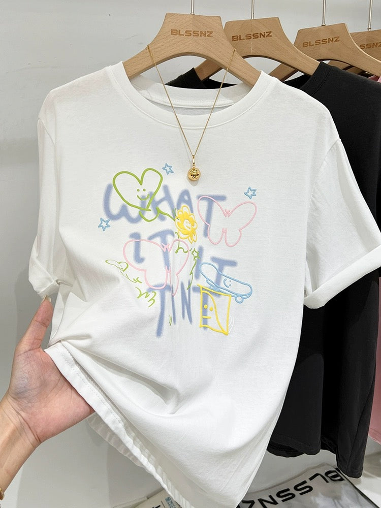 Gray cotton round neck right shoulder short sleeve t-shirt for women summer 2024 new design printed loose top half sleeve